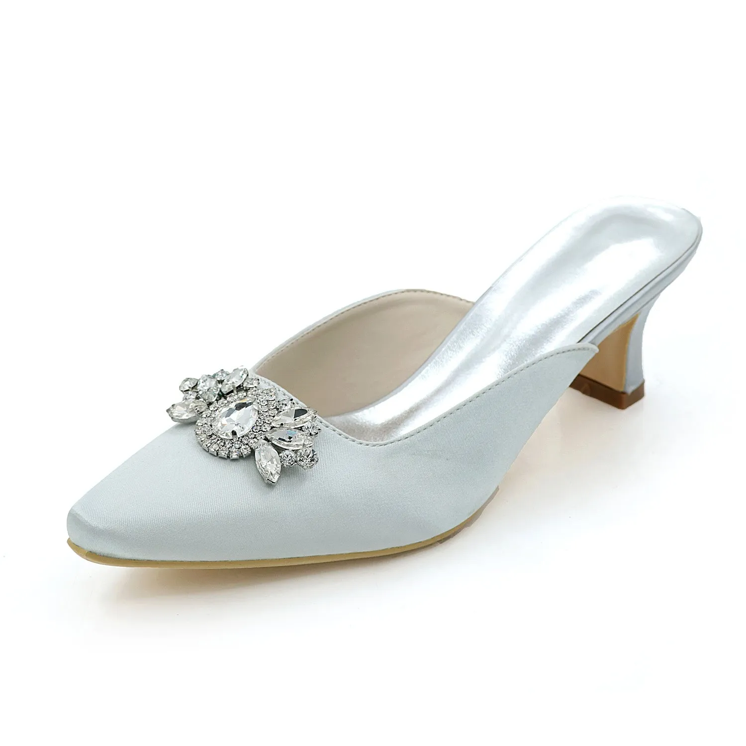 Women's Satin Chunky Heel Pumps With Rhinestone Wedding Shoes Bridal Shoes