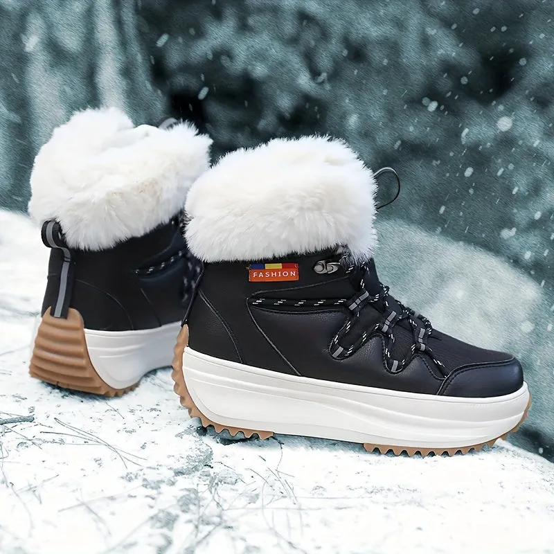 Women's Trendy Solid Color Plush Lined Thermal Furry Snow Boots, Casual Versatile Heighten Chunky Non Slip Snow Shoes, Wear Resistance Outdoor Snow Sneakers For Fall & Winter