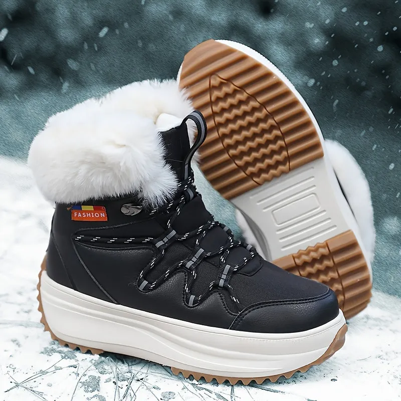 Women's Trendy Solid Color Plush Lined Thermal Furry Snow Boots, Casual Versatile Heighten Chunky Non Slip Snow Shoes, Wear Resistance Outdoor Snow Sneakers For Fall & Winter