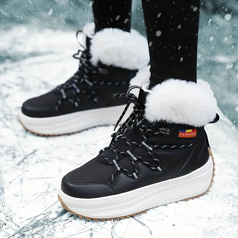 Women's Trendy Solid Color Plush Lined Thermal Furry Snow Boots, Casual Versatile Heighten Chunky Non Slip Snow Shoes, Wear Resistance Outdoor Snow Sneakers For Fall & Winter