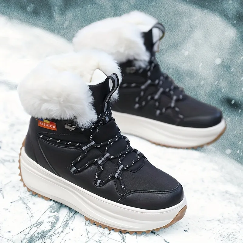 Women's Trendy Solid Color Plush Lined Thermal Furry Snow Boots, Casual Versatile Heighten Chunky Non Slip Snow Shoes, Wear Resistance Outdoor Snow Sneakers For Fall & Winter