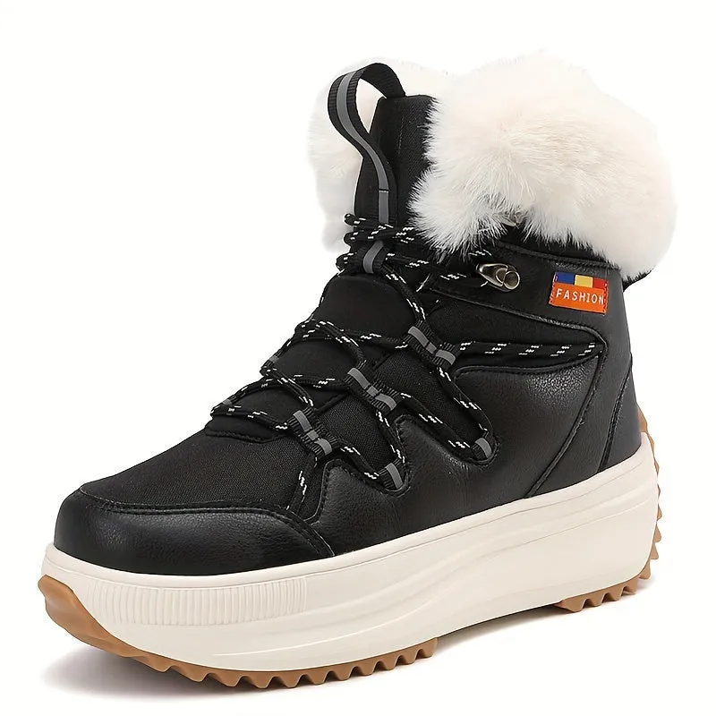 Women's Trendy Solid Color Plush Lined Thermal Furry Snow Boots, Casual Versatile Heighten Chunky Non Slip Snow Shoes, Wear Resistance Outdoor Snow Sneakers For Fall & Winter