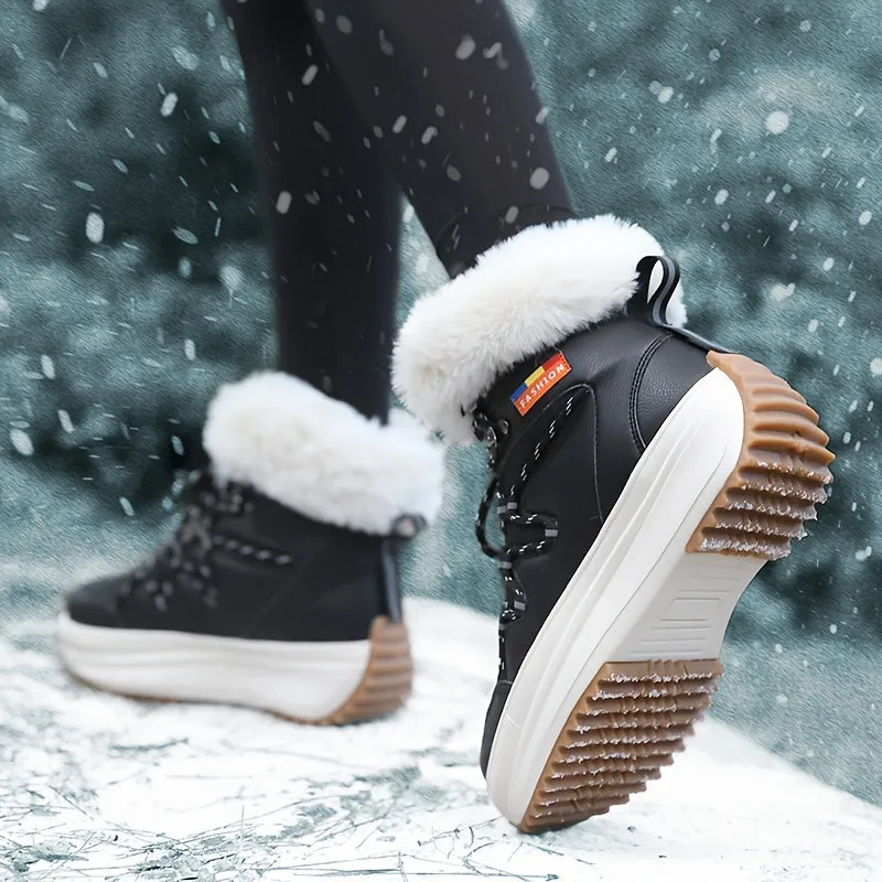 Women's Trendy Solid Color Plush Lined Thermal Furry Snow Boots, Casual Versatile Heighten Chunky Non Slip Snow Shoes, Wear Resistance Outdoor Snow Sneakers For Fall & Winter