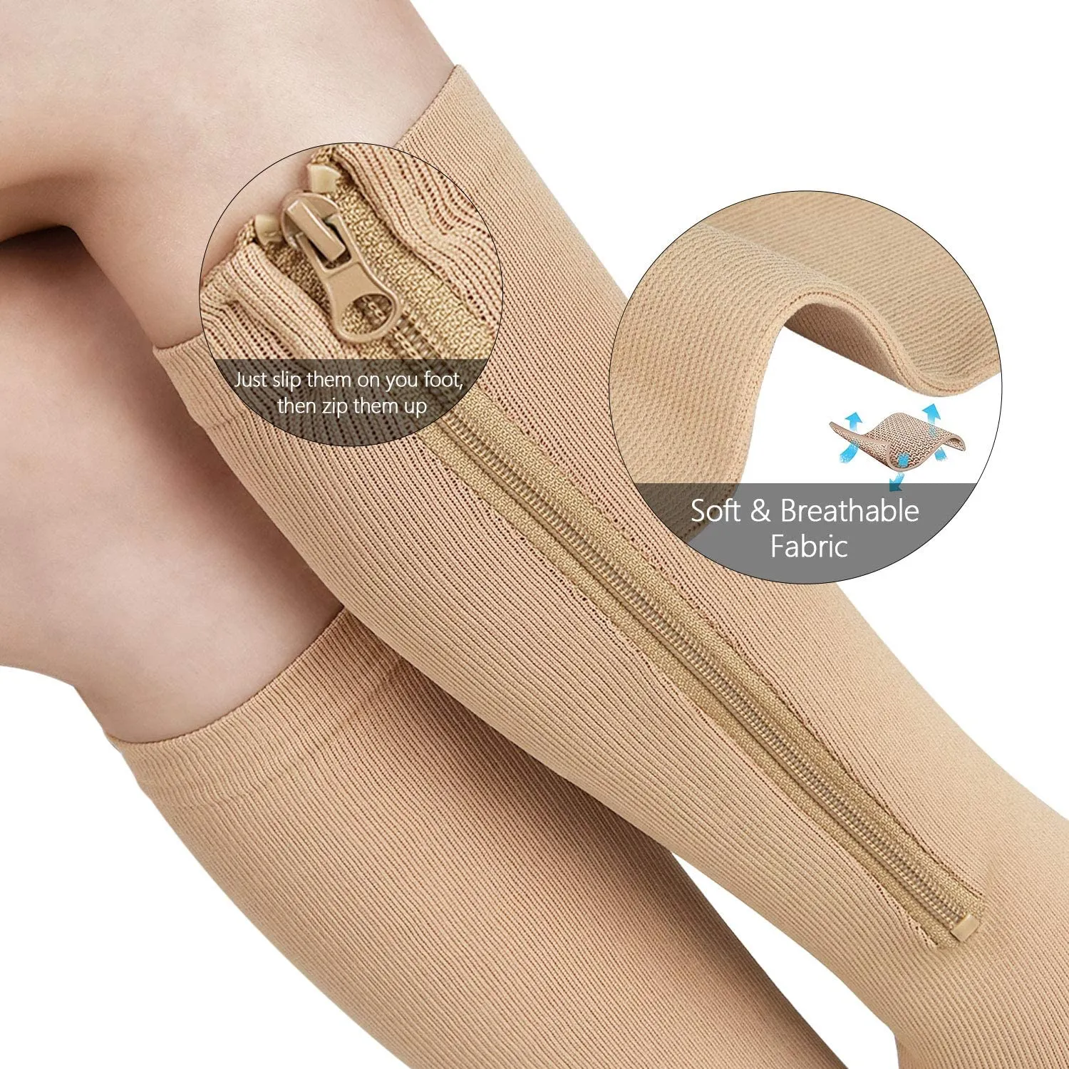 Zipper Compression Socks 15-20 mmHg for Men Women, Open Toe Leg Support Easy-on/Off Knee Compression Stocking for Nurses, Pregnancy, Flying